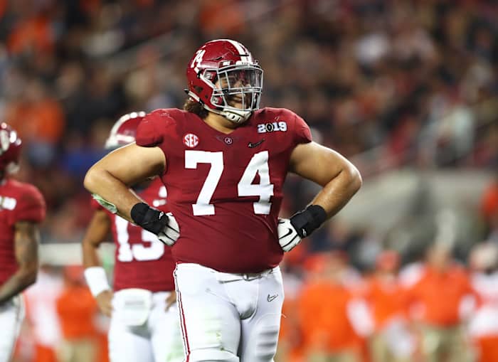 Jan 7, 2019; Santa Clara, CA, USA; Alabama Crimson Tide tackle Jedrick Wills Jr (74) against the Clemson Tigers in the 2019 College Football Playoff Championship game at Levi's Stadium.